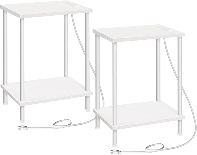 HOOBRO Side Table with Charging Station, Set of 2 End Tables with USB Ports and Outlets, Nightstand with 2-Layer Storage Shelves for Small Spaces, Living Room, Bedroom, White WW09UBZP201