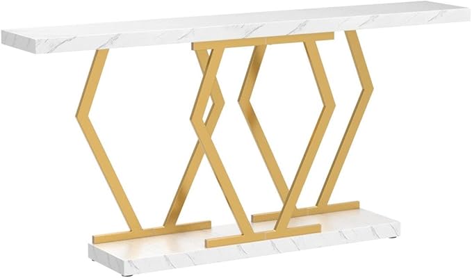 Tribesigns 70.9 Inch Extra Long Sofa Table， White and Gold Console Table with Faux Marble Tabletop, Modern Long Entryway Table with Gold Frame