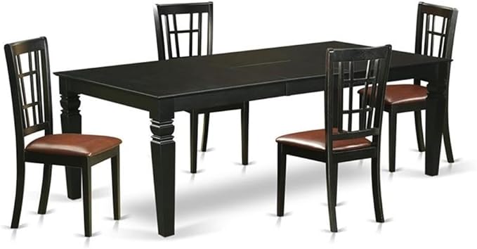 East West Furniture LGNI5-BLK-LC 5 Piece Kitchen Table & Chairs Set Includes a Rectangle Dining Table with Butterfly Leaf and 4 Faux Leather Dining Room Chairs, 42x84 Inch, Black