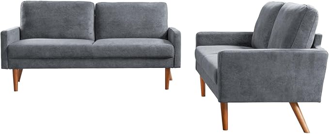 Kent 2 Piece Velvet Sofa and Loveseat Set, European Style with Modern & Vintage Flair, Upholstered 5 Seater Couch, Chic Living Room Furniture Seating for Home, Apartment or Office, Grey