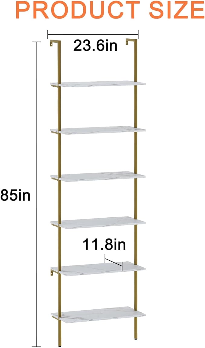 Ladder Shelf 6 Tiers Marble White Modern Bookshelf Open Tall Wall Mount Bookcase Standing Leaning Wall Shelves Industrial Decorative Living Room Bed Room