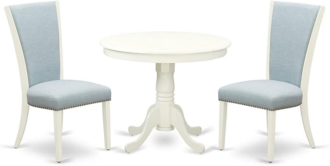 East West Furniture ANVE3-LWH-15 3 Piece Dining Table Set Contains a Round Dining Room Table with Pedestal and 2 Baby Blue Linen Fabric Upholstered Chairs, 36x36 Inch, Linen White