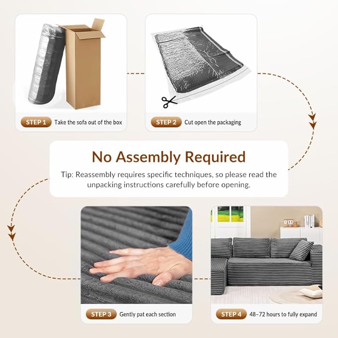 COMHOMA 105”Modular Sectional Sofa with Deep Seat,Cloud Upholstered L-Shape Couch Wide Arms Corduroy Fabric High-Density Foam Chaise Lounge for Living Room No Assembly Required