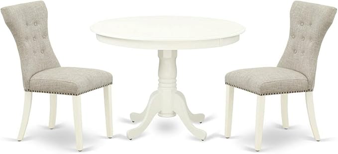 East West Furniture HLGA3-LWH-35 3 Piece Dining Room Table Set Contains a Round Kitchen Table with Pedestal and 2 Doeskin Linen Fabric Parsons Dining Chairs, 42x42 Inch, Linen White