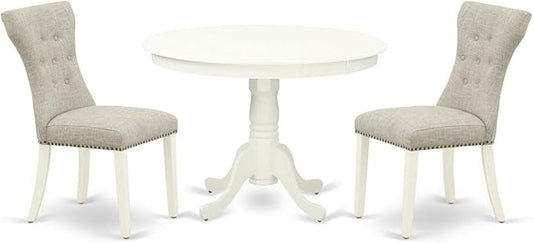 East West Furniture HLGA3-LWH-35 3 Piece Dining Room Table Set Contains a Round Kitchen Table with Pedestal and 2 Doeskin Linen Fabric Parsons Dining Chairs, 42x42 Inch, Linen White