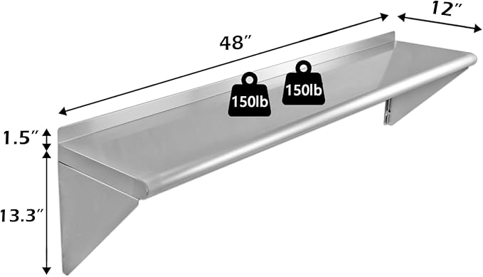 Stainless Steel Shelf 12x48 Inches, NSF Commercial Metal Wall Mounted Rack Shelves,Floating Shelving for Restaurant, Food Truck, Kitchen,Garage,Washrooms,Home&Hotel