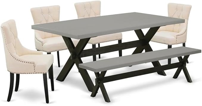 East West Furniture X697FR102-6 6 Piece Dining Table Set Contains a Rectangle Kitchen Table with X-Legs and 4 Light Beige Linen Fabric Parson Chairs with a Bench, 40x72 Inch, Multi-Color