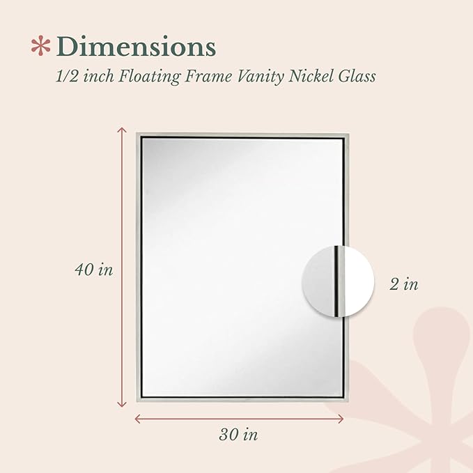 Hamilton Hills 30x40 inch Polished Silver Metal Framed Wall Mounted Mirror - Large Rectangular Bathroom Mirror - 1/2 inch Floating Frame Vanity Nickel Glass - Hangs Horizontal or Vertical