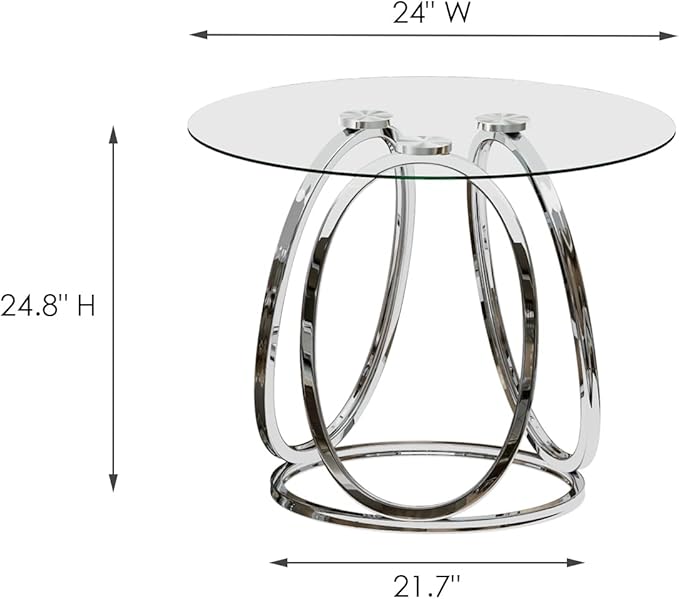 O&K FURNITURE Silver End Table for Living Room, Glass Side Table for Bedroom, Modern Round Glass Nightstand with Metal Frames for Home Office, Chrome Finish, 1 PC