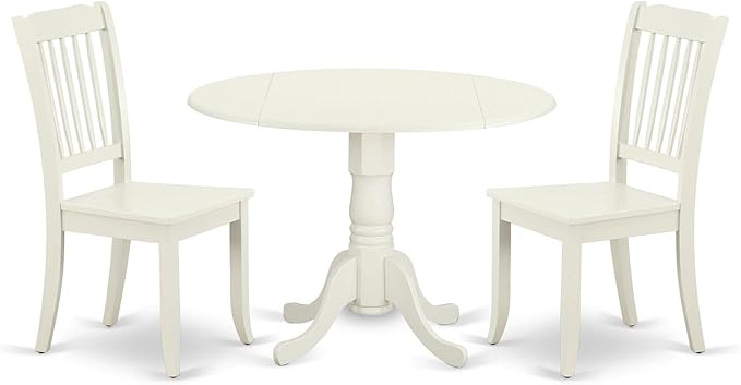 East West Furniture DLDA3-LWH-W 3 Piece Kitchen Table & Chairs Set Contains a Round Dining Room Table with Dropleaf and 2 Solid Wood Seat Chairs, 42x42 Inch, Linen White