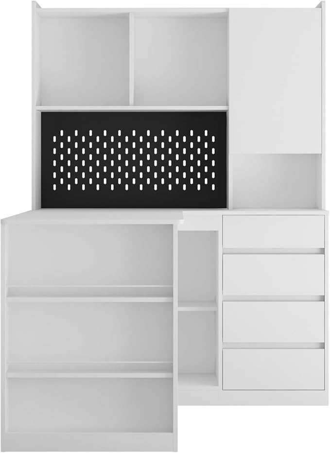 KEIKI L Shaped Home Office Desks with LED Light, Pegboard, Hutch, Drawers, Bookshelf & Storage Shelves, Modern Wooden Gaming Computer Corner Table for Work, Study, Writing
