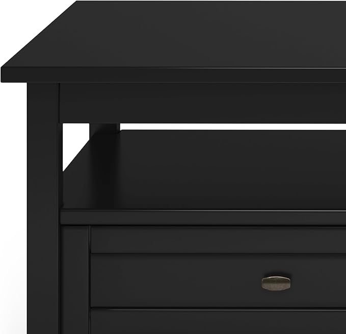 SIMPLIHOME Warm Shaker Coffee Table - 48 inch Wide Solid Wood Cocktail Table in Black, Transitional Living Room Table with 2 Storage Drawers and Open Shelf for Sitting Area or Lounge