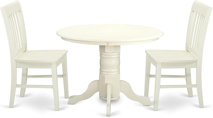 East West Furniture SHNO3-LWH-W 3 Piece Modern Dining Table Set Contains a Round Kitchen Table with Pedestal and 2 Dining Room Chairs, 42x42 Inch, Linen White