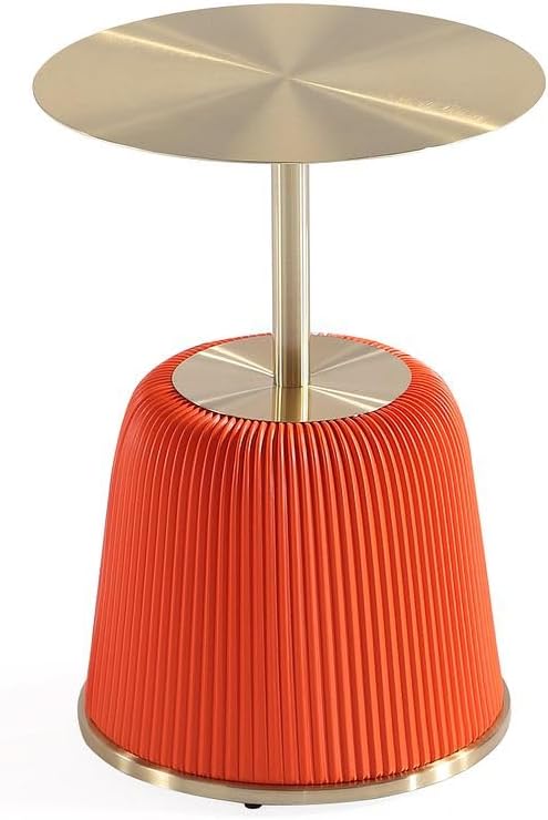 Manhattan Comfort Anderson Modern 15.75" Round End Tables 1.0 - Elegant Leatherette Upholstered Base with Pleated Design & Gold Steel Tabletop, Fully Assembled Accent Furniture, Set of 2, Orange