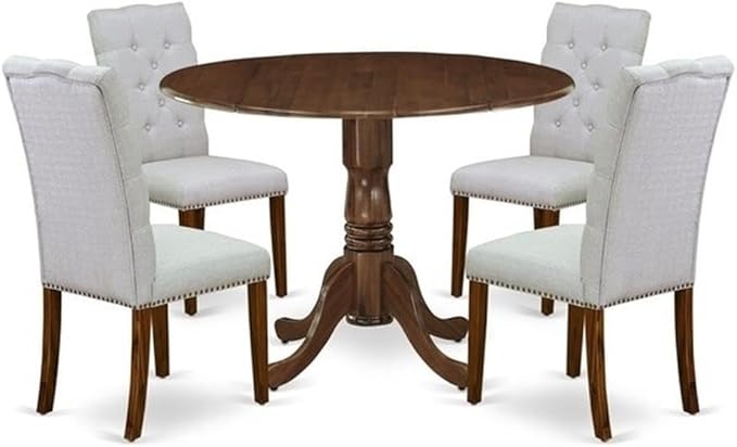 East West Furniture DLEL5-AWA-05 5 Piece Dinette Set for Small Spaces Includes a Round Kitchen Table with Dropleaf and 4 Parson Dining Chairs, 42x42 Inch, Antique Walnut
