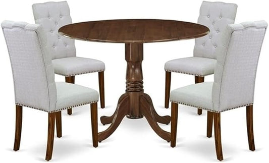 East West Furniture DLEL5-AWA-05 5 Piece Dinette Set for Small Spaces Includes a Round Kitchen Table with Dropleaf and 4 Parson Dining Chairs, 42x42 Inch, Antique Walnut
