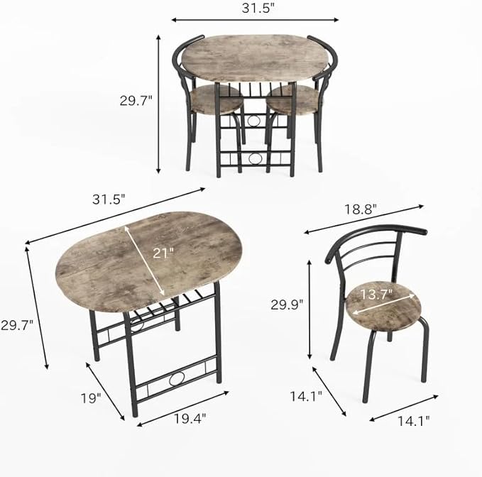 Shahoo 3-Piece Wooden Dining Table Set, Kitchen Breakfast Nook Sets with 2 Chairs & Round Tabletop, Space Saving Furniture Metal Frame and Built-in Wine Rack, Walnut