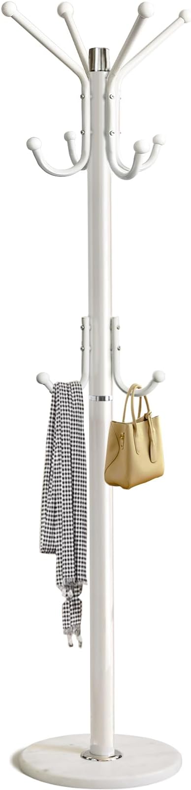 Kertnic Modern Coat Rack Freestanding with Natural Marble Base & Sturdy Metal Frame, 11 Hooks Hall Tree for Jackets, Hats, Bags, Entryway Organizer for Bedroom, Living Room, Closet (White)