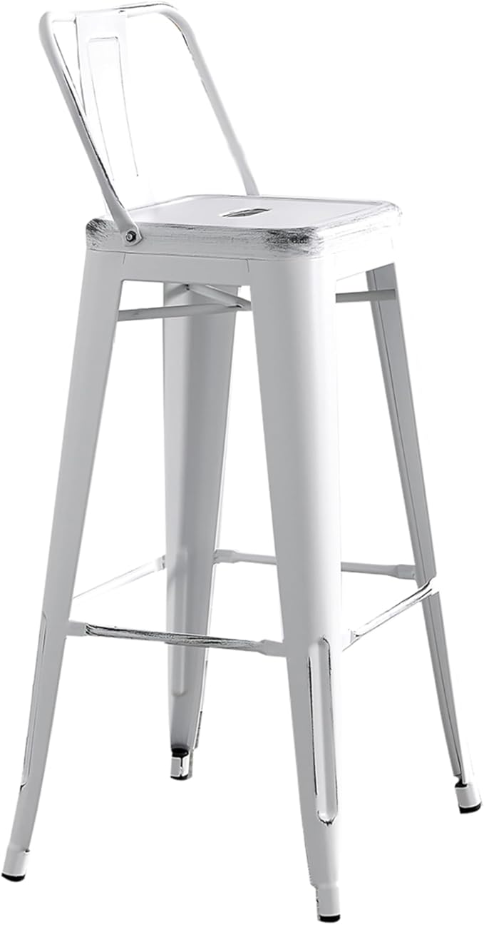 AC Pacific 30” Metal Barstool Set of 2 – Country Rustic Style with Low Back, Lightweight & Sturdy Build, Easy Assembly – Distressed Snow White