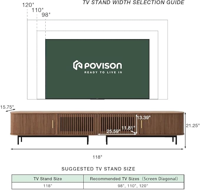 POVISON Sliding Tambour Door TV Stand, Mid Century Modern TV Console, Wood Media Console, Entertainment Center with Storage Cabinet, Fully-Assembled (Walnut, 118.11")
