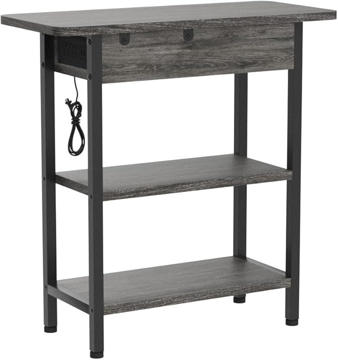 LIDYUK End Table with Charging Station, Flip Top Narrow Side Table for Small Spaces, Nightstands Set of 2 for Bedroom, End Tables Living Room Set of 2 with Storage Shelf, Dark Grey