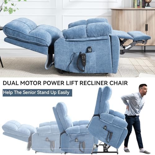 Dual Motor Power Lift Recliner Chair, 8 Positions Vibration Massage Recliner Chair, Chenille Fabric Recliner with Cup Holder, Vibration Massage and Lumbar Heating for Adults and Elderly, Blue