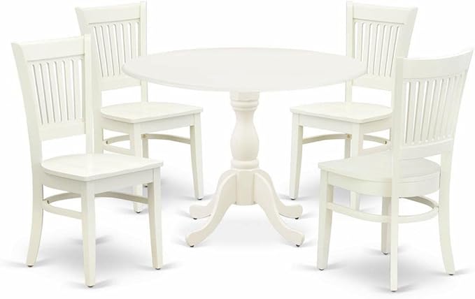 East West Furniture DMVA5-LWH-W 5 Piece Modern Dining Table Set Includes a Round Wooden Table with Dropleaf and 4 Kitchen Dining Chairs, 42x42 Inch, Linen White