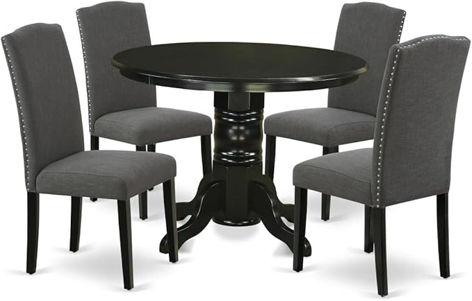 East West Furniture SHEN5-BLK-20 5 Piece Dining Room Table Set Includes a Round Kitchen Table with Pedestal and 4 Dark Gotham Linen Fabric Upholstered Chairs, 42x42 Inch, Black