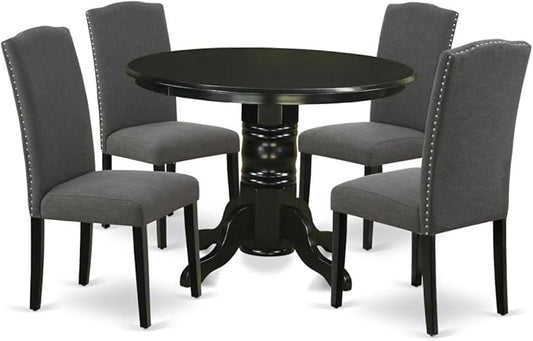 East West Furniture SHEN5-BLK-20 5 Piece Dining Room Table Set Includes a Round Kitchen Table with Pedestal and 4 Dark Gotham Linen Fabric Upholstered Chairs, 42x42 Inch, Black