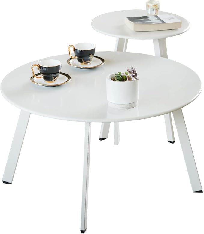 Patio Coffee Table Set of 2, Outdoor Weather Resistant End Table, Round Nesting Tables for Living Room Balcony Office, White
