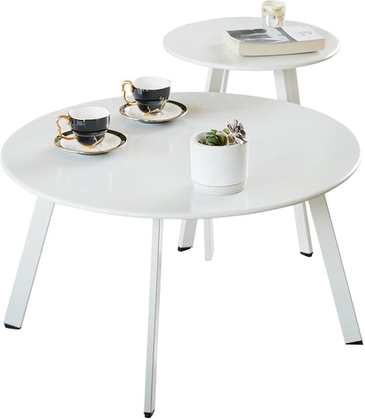 Patio Coffee Table Set of 2, Outdoor Weather Resistant End Table, Round Nesting Tables for Living Room Balcony Office, White