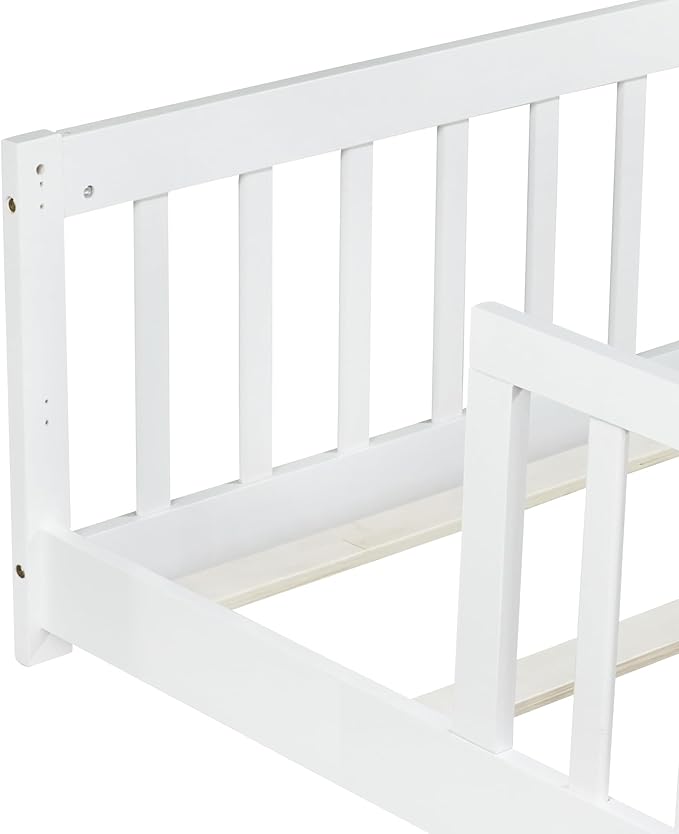 Bellemave Twin Floor Bed with Slats and Safety Guardrails, Kids Montessori Floor Beds with Fence and Without Door, Easy Assemble Floor Bed for Kids, Girls, Boys, White