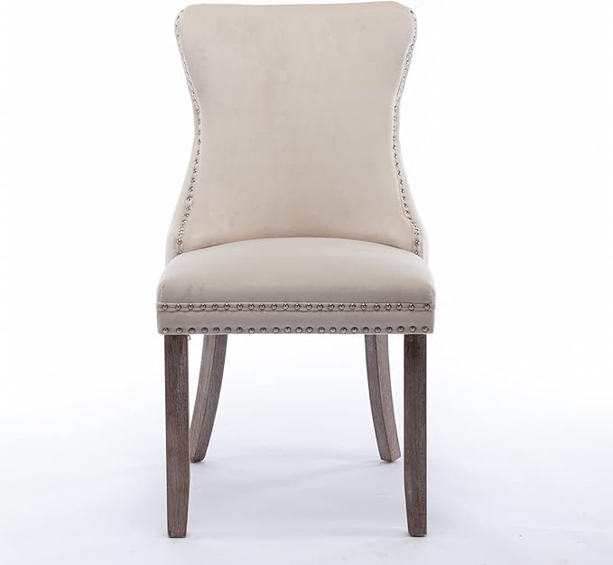 PacknWood Acosure Set of 2 Velvet Upholstered Wing-Back Dining Chair with Backstitching Nailhead Trim,Exquisite Furniture Stool W/Wood Legs,for Kitchen,Sitting Room,Beige