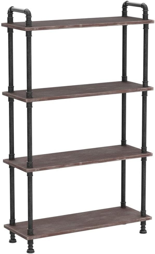 Industrial Bookcase, Solid Pine Open Wood Shelves, Rustic Modern Industrial Pipe and Solid Wood Style Bookshelf (4-Layers)