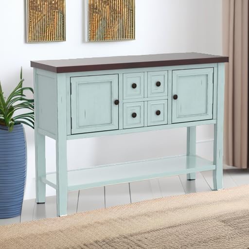 Merax Wood Farmhouse Buffet Sideboard Table with Drawers and Bottom Shelf Console Table for Living Room Dinning Room Kitchen (Retro Blue)