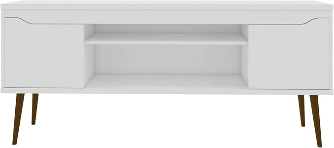 Manhattan Comfort Bradley Mid Century Modern TV Stand for Televisions up to 60 Inches, Living Room Entertainment Center with Storage, Media Shelves and Soft Close Doors, White