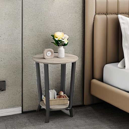 VASAGLE End Table, Round Side Table with Storage Shelf, Easy Assembly, Industrial Accent Furniture with Steel Frame, Heather Greige and Black ULET057B02