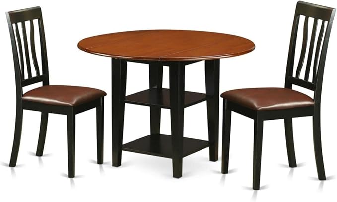 East West Furniture SUAN3-BCH-LC 3 Piece Dining Room Furniture Set Contains a Round Dining Table with Dropleaf & Shelves and 2 Faux Leather Upholstered Chairs, 42x42 Inch, Black & Cherry
