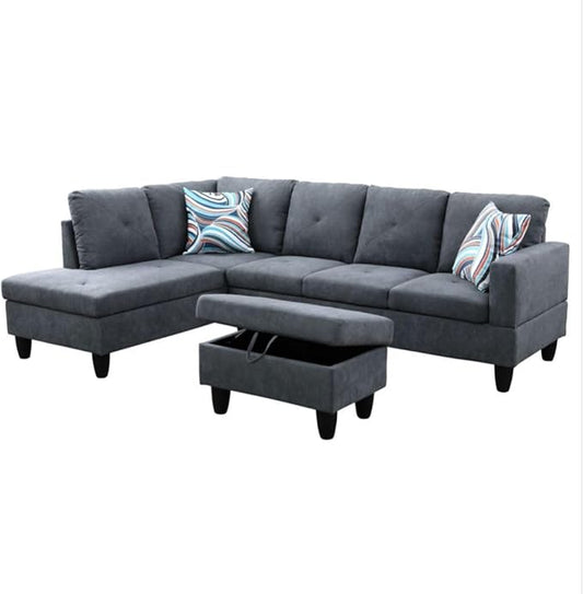 Dark Grey L-Shaped 3-Piece Flannelette Sofa with Storage Ottoman Set, Sectional Couch Sofa Set for Living Room, Office, Small Space