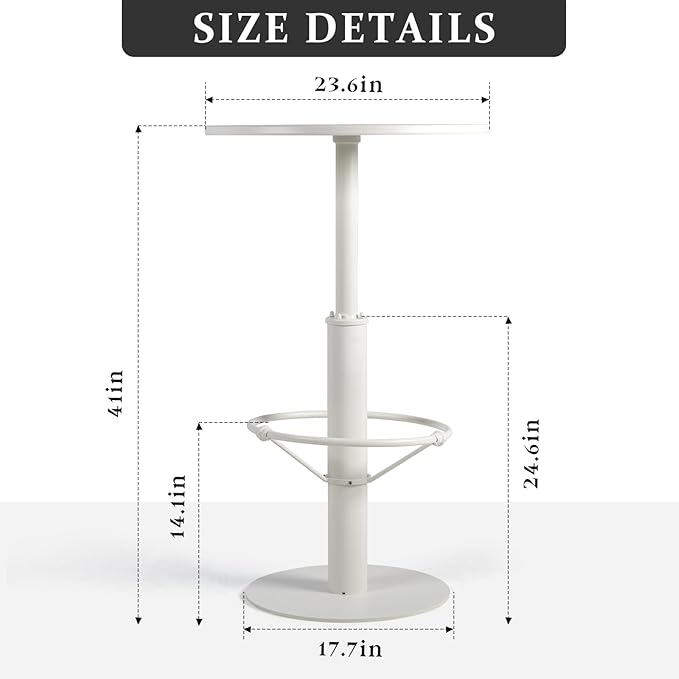 42" Tall Modern Industrial Bar Table-23.6" Dia Round Metal Top Standing Pub Cocktail Bistro Table-Indoor Outdoor Patio-Commercial Grade, Heavy Duty (White)