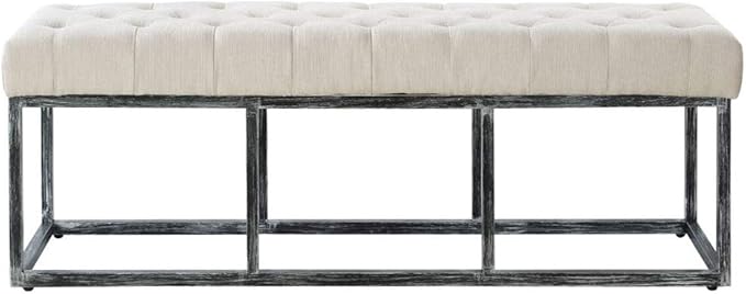 24KF Upholstered Tufted Long Bench with Metal Frame Leg, Linen Bench Ottoman with Padded Seat-Ivory