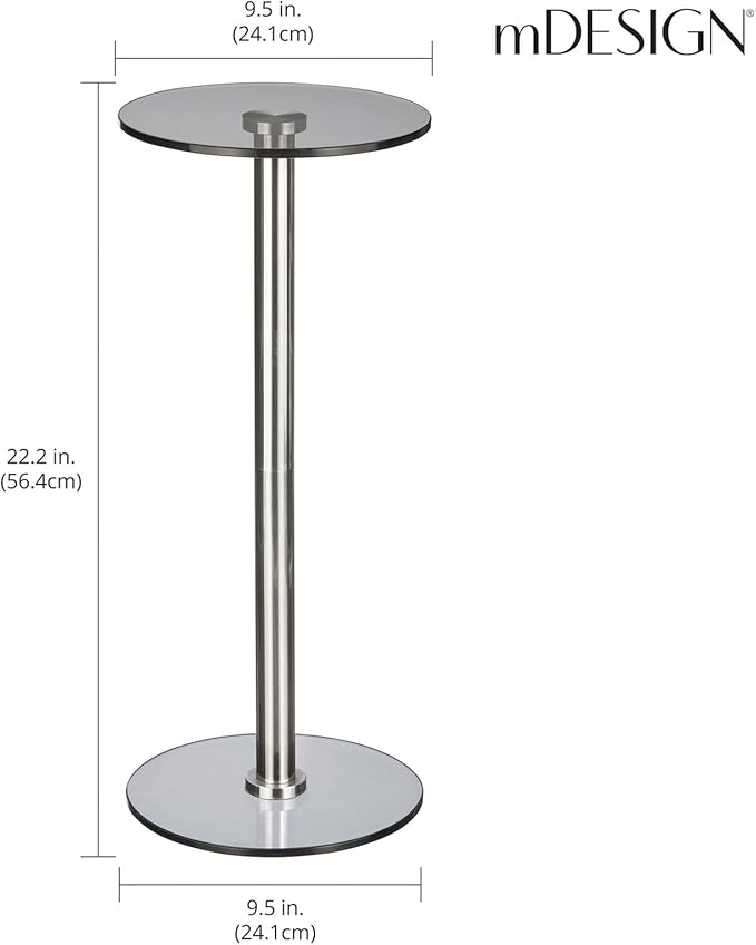 mDesign Glass Top Side/End Drink Table - Tall Modern Round Accent Metal Nightstand Furniture for Living Room, Dorm, Home Office, and Bedroom - 9" Round - Dark Smoke Gray/Chrome