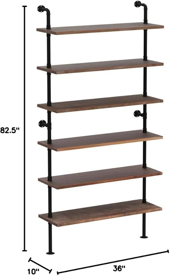 6 Tier Industrial Ladder Pipe Shelf Bookcase, Rustic Wall Mounted Pipe Bookshelves for Decor and Storage