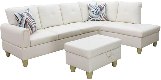 White L-Shaped 3-Piece Faux Leather Sofa with Storage Ottoman Set, Sectional Couch Sofa Set for Living Room, Office, Small Space