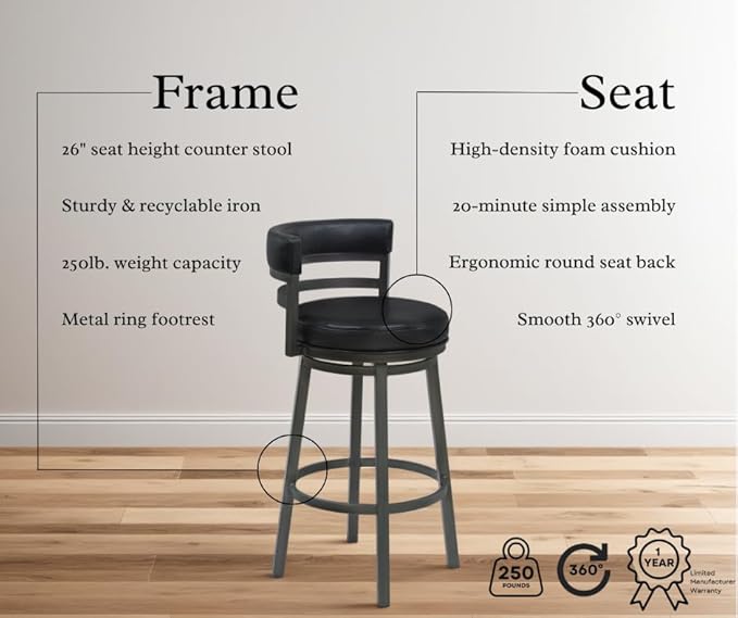 Armen Living Madrid 26" Counter Height Swivel Barstool in Ford Black Faux Leather and Mineral Finish