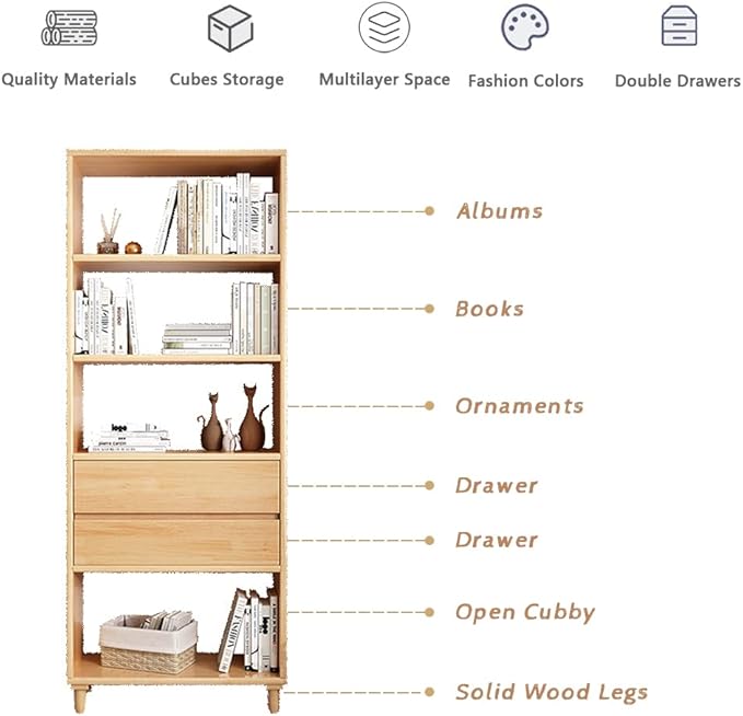IOTXY Oak Mid-Century Bookcase with Legs - 67" Tall Open Shelves Cube Billy Bookshelf with Double Drawers for Home and Office
