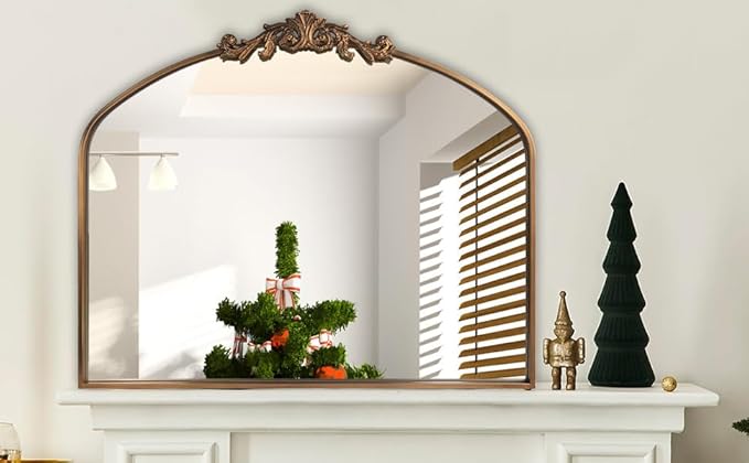 WAMIRRO Antique Mirror,Gold Traditional Vintage Ornate Baroque Arched Brass Wall Mounted Mirrors for Entryway/Fireplace/Living Room/Hallway/Bathroom 36"X30"