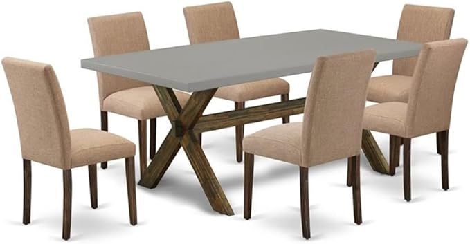East West Furniture X797AB747-7 7 Piece Dining Table Set Consist of a Rectangle Dining Room Table with X-Legs and 6 Light Sable Linen Fabric Upholstered Chairs, 40x72 Inch, Multi-Color