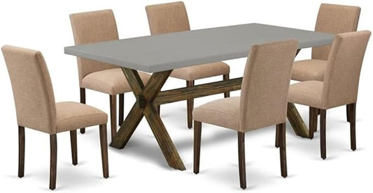East West Furniture X797AB747-7 7 Piece Dining Table Set Consist of a Rectangle Dining Room Table with X-Legs and 6 Light Sable Linen Fabric Upholstered Chairs, 40x72 Inch, Multi-Color