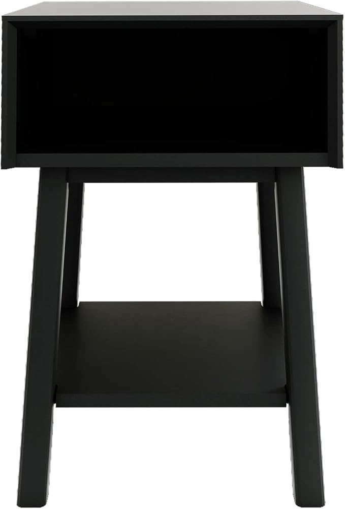 Plank+Beam Wooden Side Table with Cubby Storage Shelf, Mid Century Modern End Tables for Living Room, Small Solid Wood Nightstand, Bedside Tables, Bedroom Furniture, Black